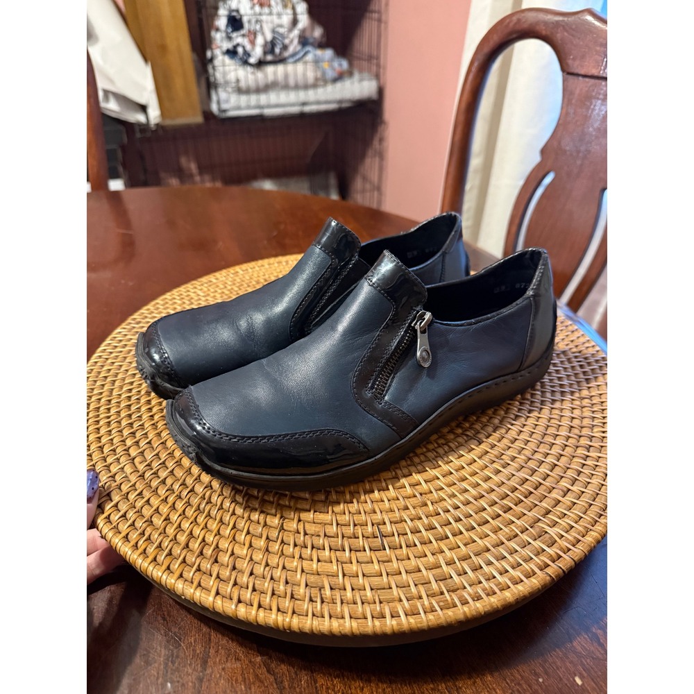 Rieker Antistress Women Navy Blue Leather Patent Trim Zip Loafers Size 39
